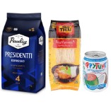 Кофе в зернах, напиток и рисовая вермишель